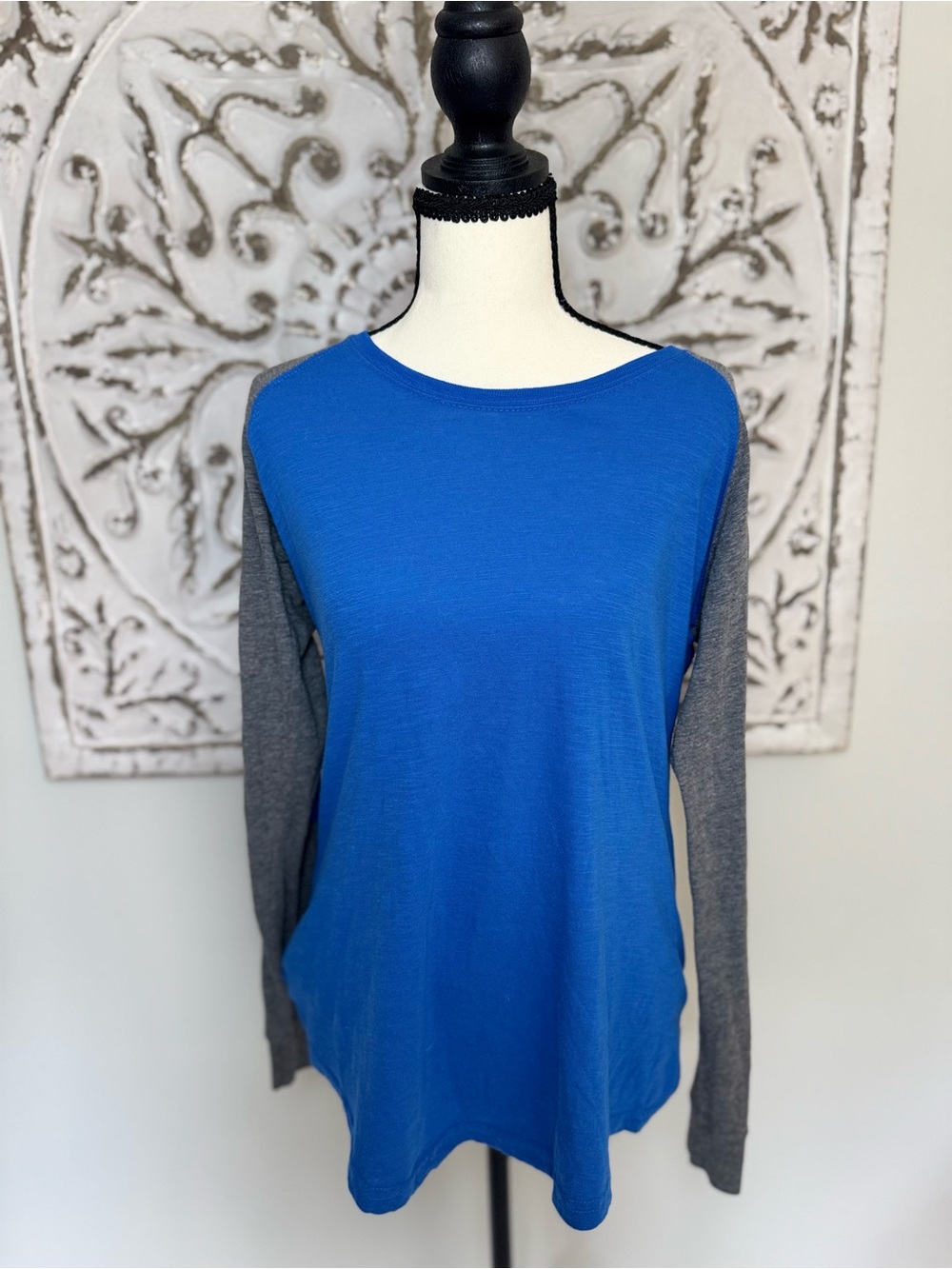 boxercraft Blue with Gray Raglan Long Sleeve Women's Top